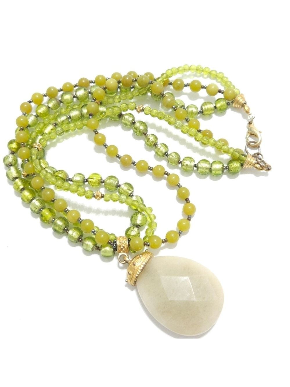 Green Jadeite Necklace  Teardrop Pendant Multistrand Jade Glass Beads
